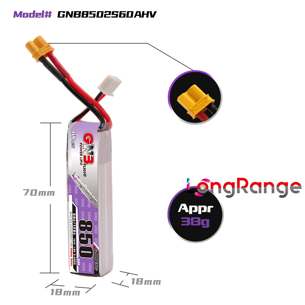 16002 2 battery gnb gaoneng lihv 2s 7 6v 850mah 60c xt30