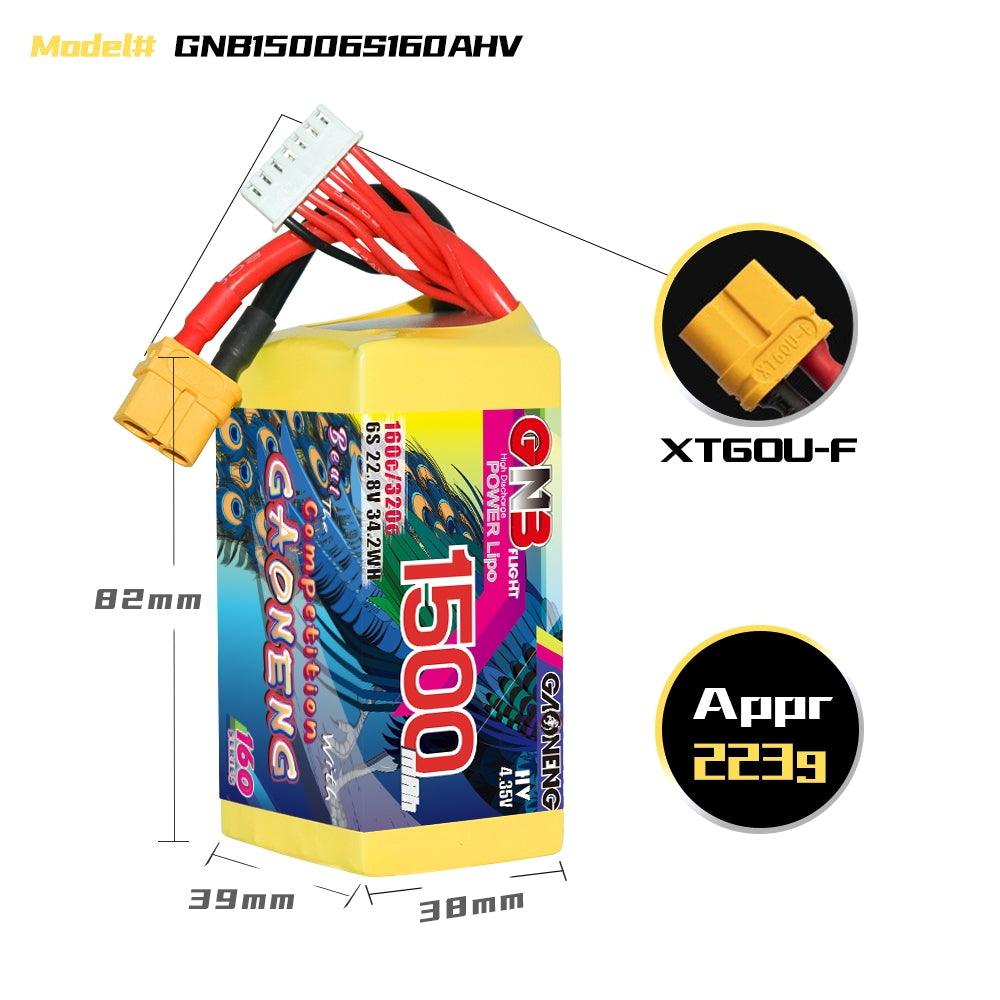 Battery GNB GAONENG 1500mah 6S1P 22.8V HV 160C XH-JST 7P  XT60
