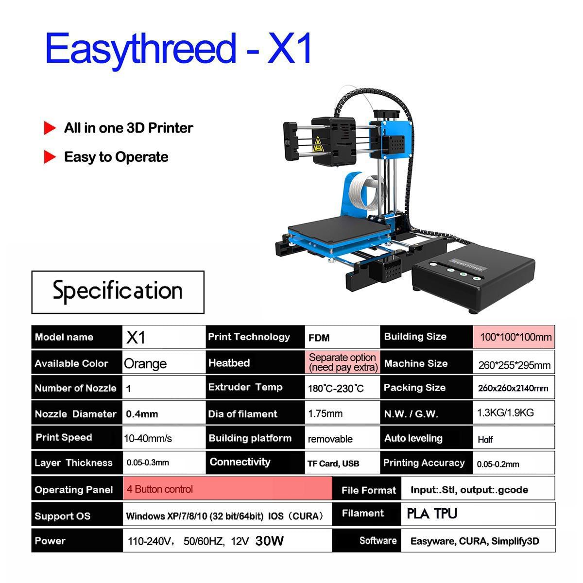 10228 3d printer easythreed model x1
