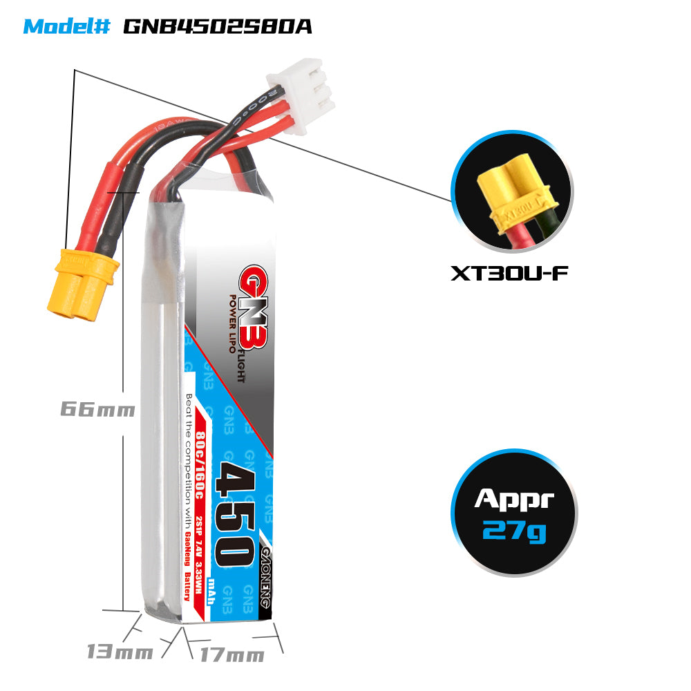 15714 2 battery gnb lipo 2s 7 4v 450mah 80c xt30