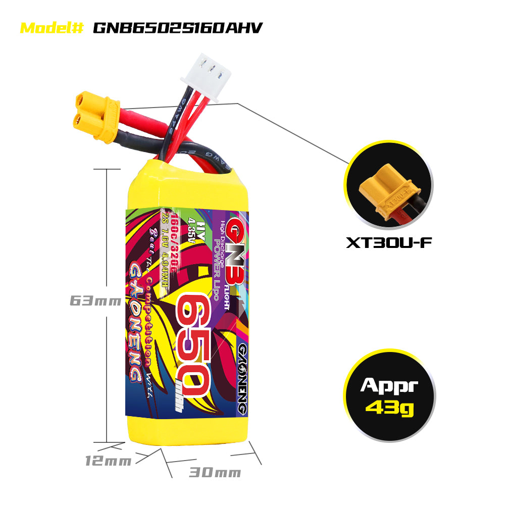 Battery GNB GAONENG 650mah 2S1P 7.6V HV 160C XH- JST 3P XT30